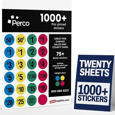 ملصقات أسعار بيع Garage Perco-1000+ من الملصقات الفارغة قبل 75 عامًا-علامات أسعار سهلة القراءة لأسعار فعالة وجذابة-مثالية لمبيعات الفناء وأسواق السلع المستعملة ومعارض المقاطعات واستخدام التجزئة in Saudi Arabia