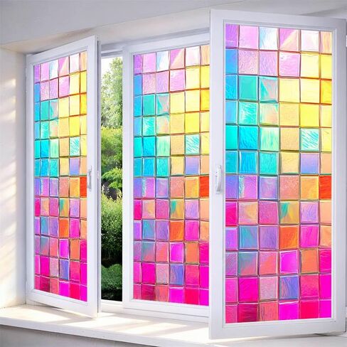 IVN Window Privacy Film Rainbow Mosaic Stained Glass Window Film Decorative Static Cling Non Adhesive Removable Reusable Window Cling for Bathroom Shower Windows Anti Glare UV Blocking 17.7x39.3 Inch in Saudi Arabia