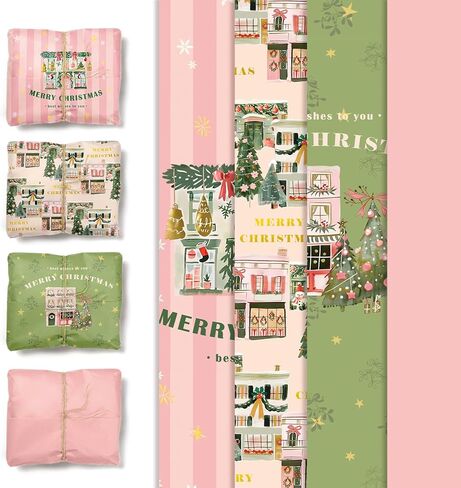 NICROHOME EUR Christmas Tissue Wraping Paper for Gift Bags, 24 Sheets Green Pink Ivory Gift Wrap Paper for Xmas New Year Birthdays Wedding Gift Packing Decorations, 15 X 20 Inches in Saudi Arabia