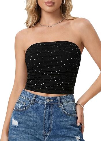 SHENHE Women's Glitter Seuqin Bandeau Top Ruched Strapless Fitted Mesh Tube Party Top in Saudi Arabia