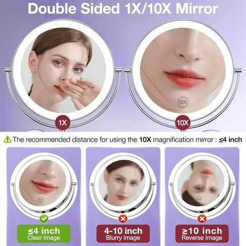 مرآة مكياج مضاءة مثبتة على الحائط مقاس 9 بوصات من Benbilry مع تكبير 10X، مرآة زينة LED مزدوجة الجوانب كبيرة الحجم، مرآة مكبرة 10X مع أضواء، مرآة حمام LED دوارة 360 درجة in Kuwait