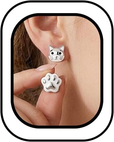 Cute Funny Kitten Cat Earrings for Women Weird Silver Studs Earring Modern Dainty Compact Unique Design Animal Earrings Jewelry Gifts for Women in Saudi Arabia
