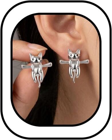 Cute Funny Kitten Cat Earrings for Women Weird Silver Studs Earring Modern Dainty Compact Unique Design Animal Earrings Jewelry Gifts for Women in Saudi Arabia