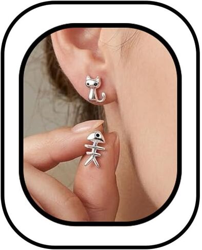 Cute Funny Kitten Cat Earrings for Women Weird Silver Studs Earring Modern Dainty Compact Unique Design Animal Earrings Jewelry Gifts for Women in Saudi Arabia