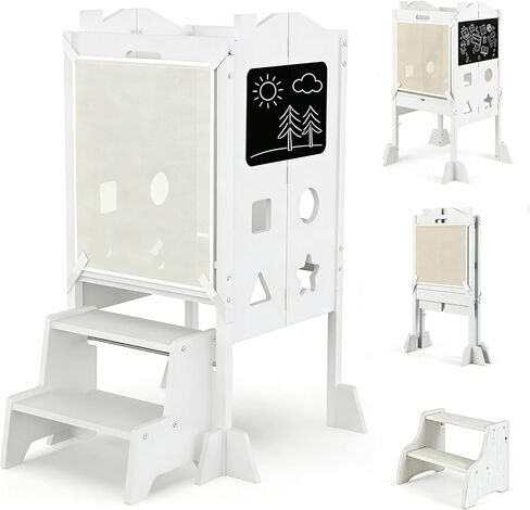 HONEY JOY Foldable Toddler Tower, Wooden Kitchen Stool Helper with 2 Step Stool, Anti-Slip Feet, Chalkboard, Kids Learning Standing Tower with Safety Net & Montessori Activity Games, Natural in Saudi Arabia