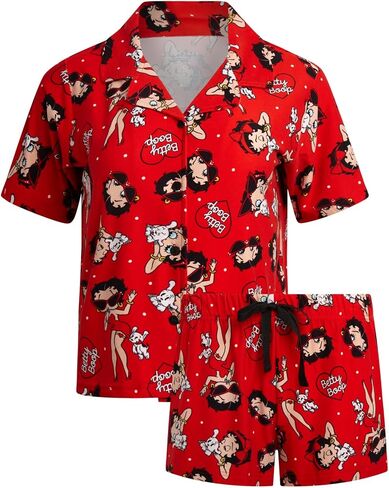 مجموعة بيجامة نسائية من COCO BRANDS Betty Boop، شورت بيجامة ناعم قابل للتمدد وأكمام قصيرة، ياقة مشقوقة، بلوزة بأزرار سفلية in Kuwait
