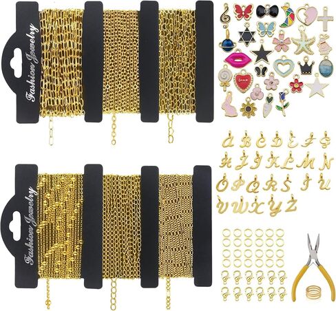 سلسلة ذهبية Ecoofor 18k لمجموعة Make Jewelry - 16.6 قدم 5 سلاسل Bracelet & Necklace مع 136 معلقًا ، حلقات القفز ، مشابك جراد البحر ومجوهرات الزلاس (مجموعة Make Charm) + مربع الهدايا in Kuwait