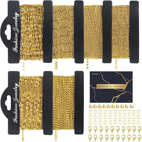 سلسلة ذهبية Ecoofor 18k لمجموعة Make Jewelry - 16.6 قدم 5 سلاسل Bracelet & Necklace مع 136 معلقًا ، حلقات القفز ، مشابك جراد البحر ومجوهرات الزلاس (مجموعة Make Charm) + مربع الهدايا in Kuwait