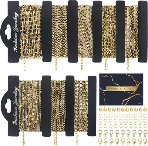 سلسلة ذهبية Ecoofor 18k لمجموعة Make Jewelry - 16.6 قدم 5 سلاسل Bracelet & Necklace مع 136 معلقًا ، حلقات القفز ، مشابك جراد البحر ومجوهرات الزلاس (مجموعة Make Charm) + مربع الهدايا in Kuwait