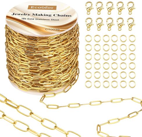 سلسلة ذهبية Ecoofor 18k لمجموعة Make Jewelry - 16.6 قدم 5 سلاسل Bracelet & Necklace مع 136 معلقًا ، حلقات القفز ، مشابك جراد البحر ومجوهرات الزلاس (مجموعة Make Charm) + مربع الهدايا in Kuwait