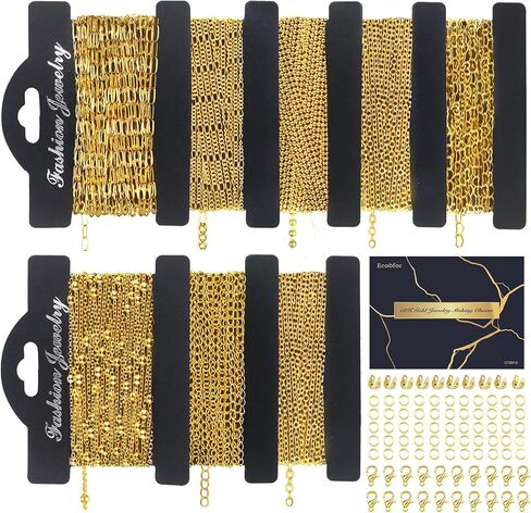 سلسلة ذهبية Ecoofor 18k لمجموعة Make Jewelry - 16.6 قدم 5 سلاسل Bracelet & Necklace مع 136 معلقًا ، حلقات القفز ، مشابك جراد البحر ومجوهرات الزلاس (مجموعة Make Charm) + مربع الهدايا in Kuwait