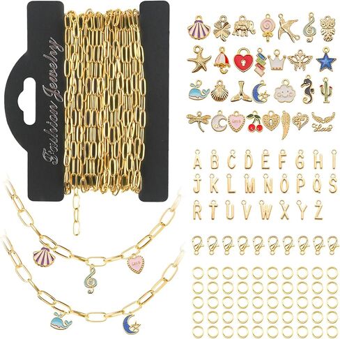 سلسلة ذهبية Ecoofor 18k لمجموعة Make Jewelry - 16.6 قدم 5 سلاسل Bracelet & Necklace مع 136 معلقًا ، حلقات القفز ، مشابك جراد البحر ومجوهرات الزلاس (مجموعة Make Charm) + مربع الهدايا in Kuwait