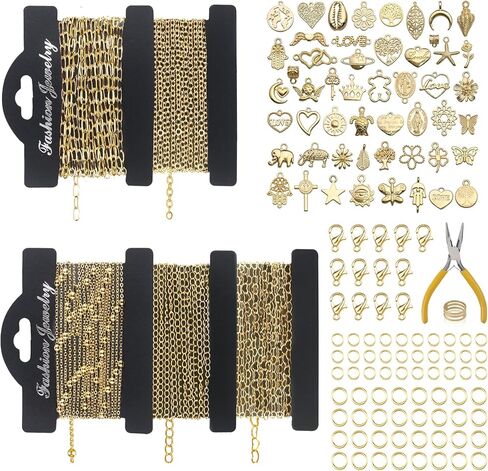 سلسلة ذهبية Ecoofor 18k لمجموعة Make Jewelry - 16.6 قدم 5 سلاسل Bracelet & Necklace مع 136 معلقًا ، حلقات القفز ، مشابك جراد البحر ومجوهرات الزلاس (مجموعة Make Charm) + مربع الهدايا in Kuwait