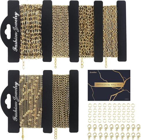 سلسلة ذهبية Ecoofor 18k لمجموعة Make Jewelry - 16.6 قدم 5 سلاسل Bracelet & Necklace مع 136 معلقًا ، حلقات القفز ، مشابك جراد البحر ومجوهرات الزلاس (مجموعة Make Charm) + مربع الهدايا in Kuwait