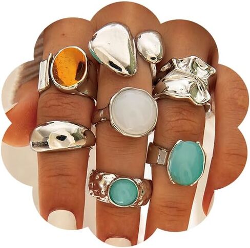 Chunky Gemstone Rings for Women Gold Silver Chunky Rings Set Adjustable Thick Statement Ring Trendy Fashion Silver Jewelry in Saudi Arabia