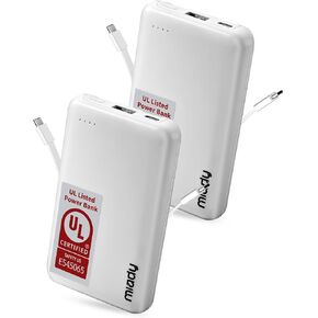 Miady 2-Pack شاحن محمول صغير مدرج في قائمة UL، بنك طاقة نحيف 5000 مللي أمبير في الساعة مدمج 2 كابلات خفيفة الوزن حزمة بطارية سفر 3 مخارج 2 مدخلات متوافقة مع iPhone 17/16/15/14/13 Galaxy S24/S22 إلخ in Kuwait
