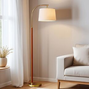 65" Walnut Gold Boho Floor Lamp for Living Room, 1200 Lumens 3-Level Brightness Rattan Floor Lamp for Bedroom, Wood Mid Century Modern Arc Standing Lamp, Rattan Tall Lamp, LED Bulb Included in Saudi Arabia