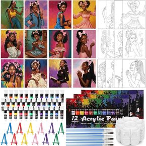 Sherr 108 Pcs 12 Set Pre Drawn Canvas Painting Kit 8'' x 10'' Sip and Paint Kit Gift for Adults Pre Printed Canvas DIY Art Party Supplies for Birthday Adults Date Night Party Team Building(Lady) in Kuwait