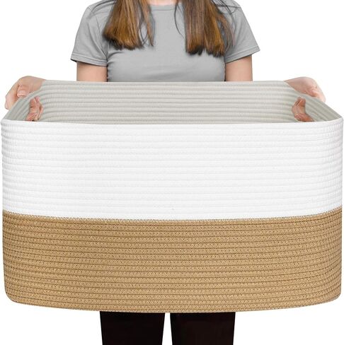 Extra Large Blanket Basket, 23.6"x15.7"x14.1" Woven Blanket Storage for Living Room, Oversized Wicker Floor Basket, Big Cotton Rope Kids Dog Toy Bin Box, Decorative Rectangle Pillow Holder in Saudi Arabia