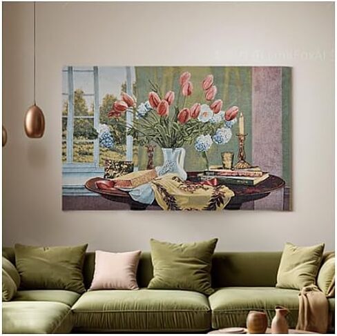 AureoMadis Vintage Woven Tapestry Wall Hanging - Victorian Style Floral Bouquet Jacquard Art, Classic Still Life Flower Basket Decor for Living Room, 36.5 x 28 Inch in Saudi Arabia