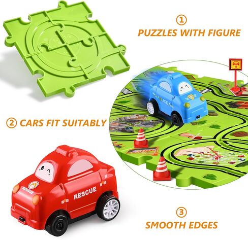 64 PCS Puzzle Race Track Set: Toddlers Kids Boys Girls Toys & Gifts for 3 4 5 6 egens jeel | اللغز يتبع ألعاب السيارة | مع 3 سيارات صغيرة لعبة وحواجز الطرق | اللعب وتعلم toy | طفل للأعمار 3-5 4-6 in Kuwait