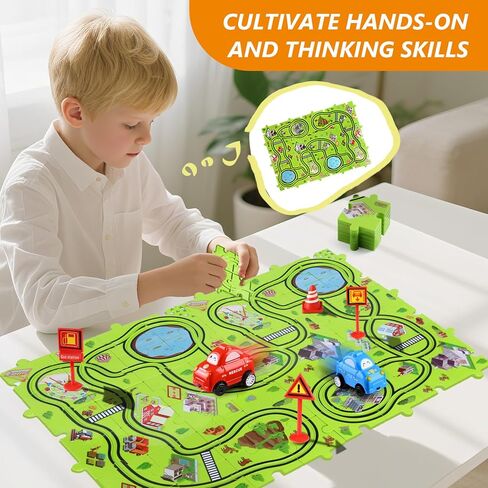 64 PCS Puzzle Race Track Set: Toddlers Kids Boys Girls Toys & Gifts for 3 4 5 6 egens jeel | اللغز يتبع ألعاب السيارة | مع 3 سيارات صغيرة لعبة وحواجز الطرق | اللعب وتعلم toy | طفل للأعمار 3-5 4-6 in Kuwait