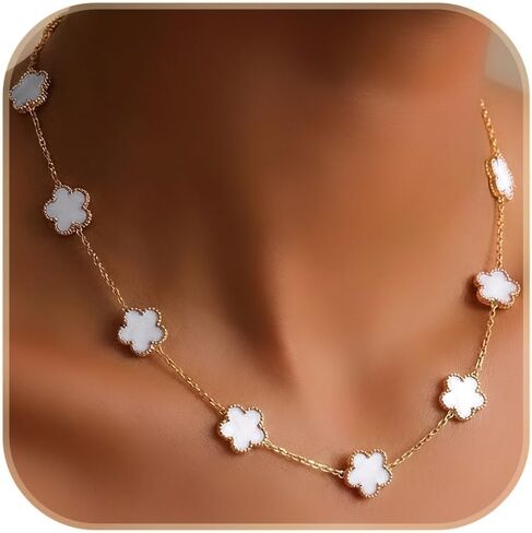 Billet-doux 18k Gold Plated 10-Motif Clovers Necklace for Women, Exquisite 5-leaf Flower Motif Clovers with Classic Beaded Edge on a Link Chain, Adjustable Size, Timeless Jewelry Gifts for Her in Saudi Arabia