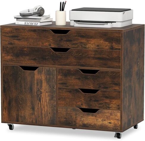 Goflame 5-Drawer File File Cabinet ، خزانة الملفات الجانبية المتداولة مع الأدراج وحجرة التخزين ، وقف الطابعة الحديثة مع عجلات لغرفة المعيشة ، والدراسة ، والمكتب المنزلي ، والبيضاء in Kuwait
