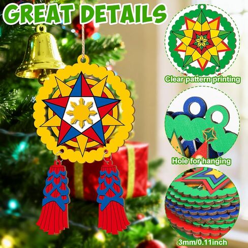 24 Pcs Christmas Parol Lantern Filipino Wooden Philippine Christmas Ornaments for Tree Decorations Hanging Ornaments Traditional Capiz Star Pendant Sign for Xmas Gift Home Window Holiday Decor Navidad in Saudi Arabia