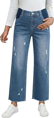 BLENCOT Women's Maternity Capri Jeans Stretch Denim Pants Ripped Raw Hem Straight Leg Pregnancy Postpartum S-XXL in Saudi Arabia