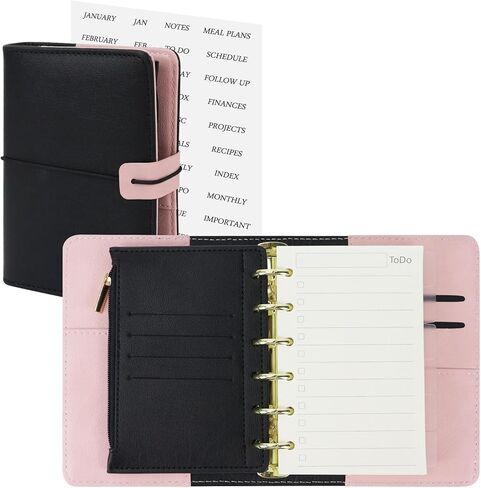 Koqye A7 Leather Binder 6 حلقات مع جيب سستة ، وتشمل مقاولات وإيجاد ملصقات ، وغطاء مخطط قابلة لإعادة التعبئة الأسود مع جيوب (أسود & وردي) in Saudi Arabia