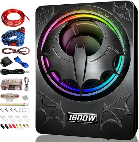 1600W Slim Underseat subwoofers 10" Powered Sub with Amp Package | RGB Ambient Lights, Individual Controls (LPF/Gain/Bass Boost), Distortion-Free Deep Bass, Universal Fit for All Vehicle Models in Saudi Arabia