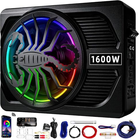 1600W Slim Underseat subwoofers 10" Powered Sub with Amp Package | RGB Ambient Lights, Individual Controls (LPF/Gain/Bass Boost), Distortion-Free Deep Bass, Universal Fit for All Vehicle Models in Saudi Arabia