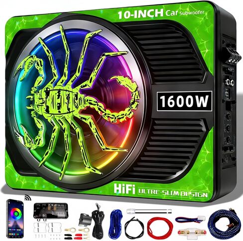 1600W Slim Underseat subwoofers 10" Powered Sub with Amp Package | RGB Ambient Lights, Individual Controls (LPF/Gain/Bass Boost), Distortion-Free Deep Bass, Universal Fit for All Vehicle Models in Saudi Arabia