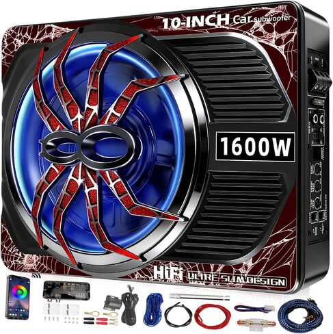 1600W Slim Underseat subwoofers 10" Powered Sub with Amp Package | RGB Ambient Lights, Individual Controls (LPF/Gain/Bass Boost), Distortion-Free Deep Bass, Universal Fit for All Vehicle Models in Saudi Arabia