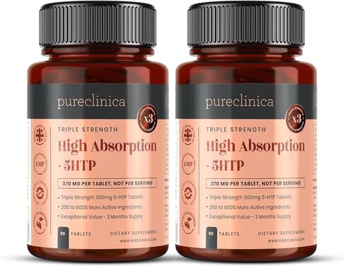 5HTP 300 مجم × 180 قرصًا (زجاجتان تحتوي كل منهما على 90 قرصًا - كمية كافية لمدة 6 أشهر. مع 220 مجم فيتامين C وB6 ومستخلص الفلفل الأسود. SKU: 5H3x2 in Kuwait
