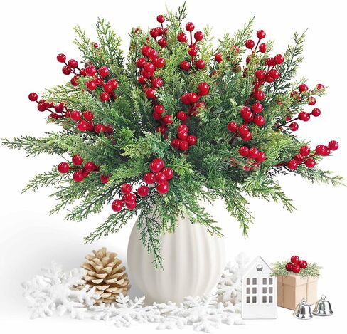 6 Bundles 126 Pcs Christmas Artificial Flowers,Faux Norfolk Pine Branches with Artificial Red Berry Sprigs,Perfect for Christmas Garland and Christmas Table Decorations,Winter Decor,Christmas Picks in Kuwait
