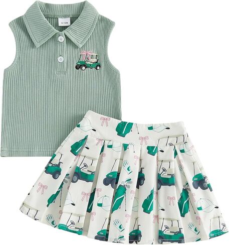 Toddler Baby Girl Golf Outfit Golf Sleeveless Polo T-shirt Tops Pleated Mini Skirt Set Cute Girl Summer Clothes in Saudi Arabia