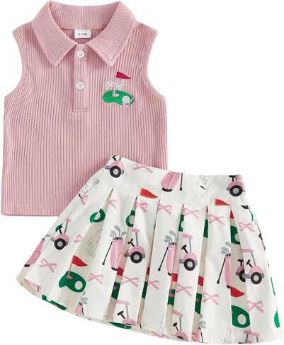 Toddler Baby Girl Golf Outfit Golf Sleeveless Polo T-shirt Tops Pleated Mini Skirt Set Cute Girl Summer Clothes in Saudi Arabia