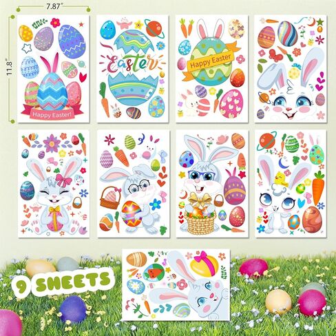 Easter Decorations Window Clings,9 Sheets 94 PCS Double Sided Cute Large Bunny Eggs Happy Easter Window Clings for Glass Windows Door Kitchen Bathroom Spring Decals Stickers for Kids Home Holiday in Saudi Arabia