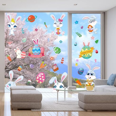 Easter Decorations Window Clings,9 Sheets 94 PCS Double Sided Cute Large Bunny Eggs Happy Easter Window Clings for Glass Windows Door Kitchen Bathroom Spring Decals Stickers for Kids Home Holiday in Saudi Arabia
