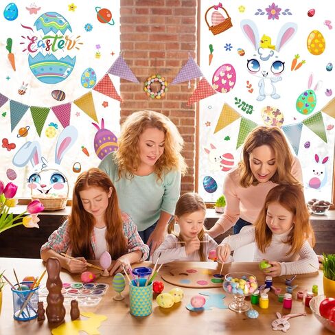 Easter Decorations Window Clings,9 Sheets 94 PCS Double Sided Cute Large Bunny Eggs Happy Easter Window Clings for Glass Windows Door Kitchen Bathroom Spring Decals Stickers for Kids Home Holiday in Saudi Arabia