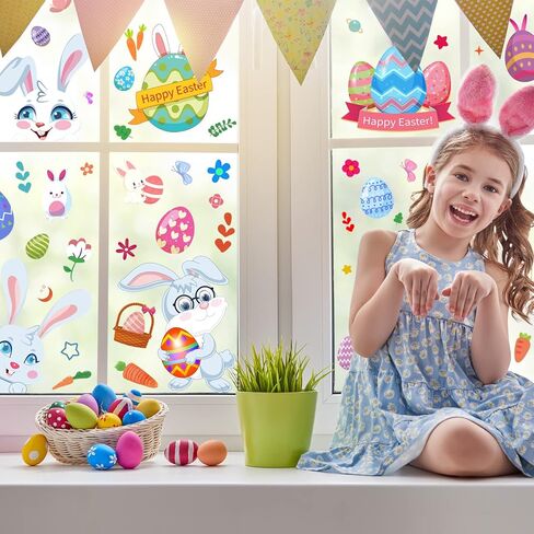 Easter Decorations Window Clings,9 Sheets 94 PCS Double Sided Cute Large Bunny Eggs Happy Easter Window Clings for Glass Windows Door Kitchen Bathroom Spring Decals Stickers for Kids Home Holiday in Saudi Arabia