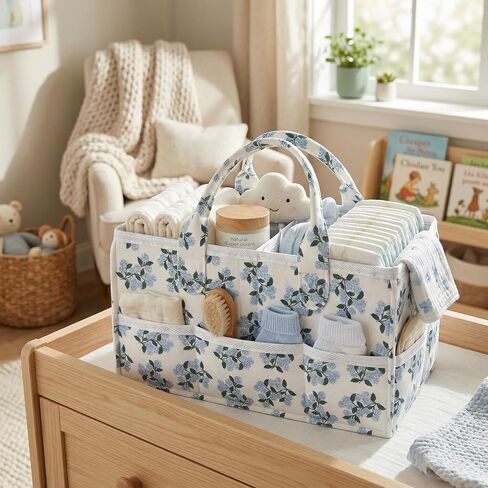 Floral Diaper Caddy Organizer with Removable Dividers Blue Flower Baby Nappy Caddy for Nursery/Car/Changing Table, Decorative Storage for Newborn Essentials Gift for New Mom in Saudi Arabia
