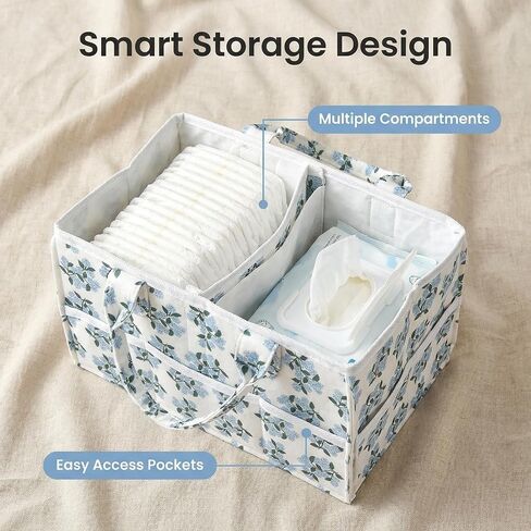 Floral Diaper Caddy Organizer with Removable Dividers Blue Flower Baby Nappy Caddy for Nursery/Car/Changing Table, Decorative Storage for Newborn Essentials Gift for New Mom in Saudi Arabia
