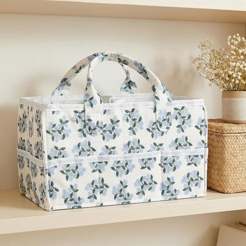 Floral Diaper Caddy Organizer with Removable Dividers Blue Flower Baby Nappy Caddy for Nursery/Car/Changing Table, Decorative Storage for Newborn Essentials Gift for New Mom in Saudi Arabia