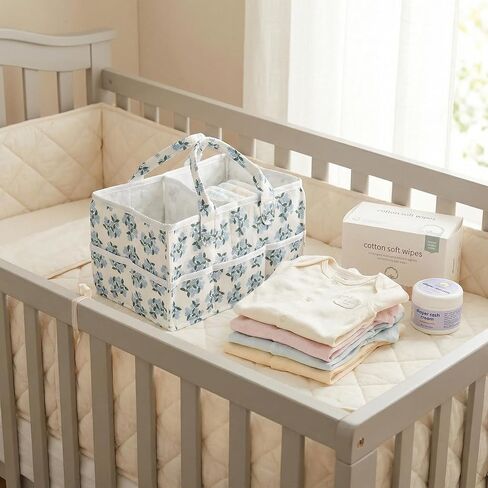 Floral Diaper Caddy Organizer with Removable Dividers Blue Flower Baby Nappy Caddy for Nursery/Car/Changing Table, Decorative Storage for Newborn Essentials Gift for New Mom in Saudi Arabia