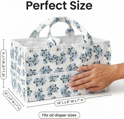 Floral Diaper Caddy Organizer with Removable Dividers Blue Flower Baby Nappy Caddy for Nursery/Car/Changing Table, Decorative Storage for Newborn Essentials Gift for New Mom in Saudi Arabia