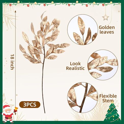Giegxin 30 Inch Christmas Gold Bay Leaf Picks 3 Pcs Artificial Gold Christmas Decoration Bay Leaf Spray Stems Branch for Xmas Tree DIY Xmas Wreath Garland Home Decor in Saudi Arabia