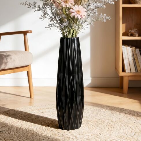 Black Matte Floor Ceramic Vase,24 Inch Large Vase for Home Decor Modern Minimalist Style Flower Vase for Pampas Grass Livingroom Office Centerpieces Decorative Tall,Can Water-Holding in Saudi Arabia